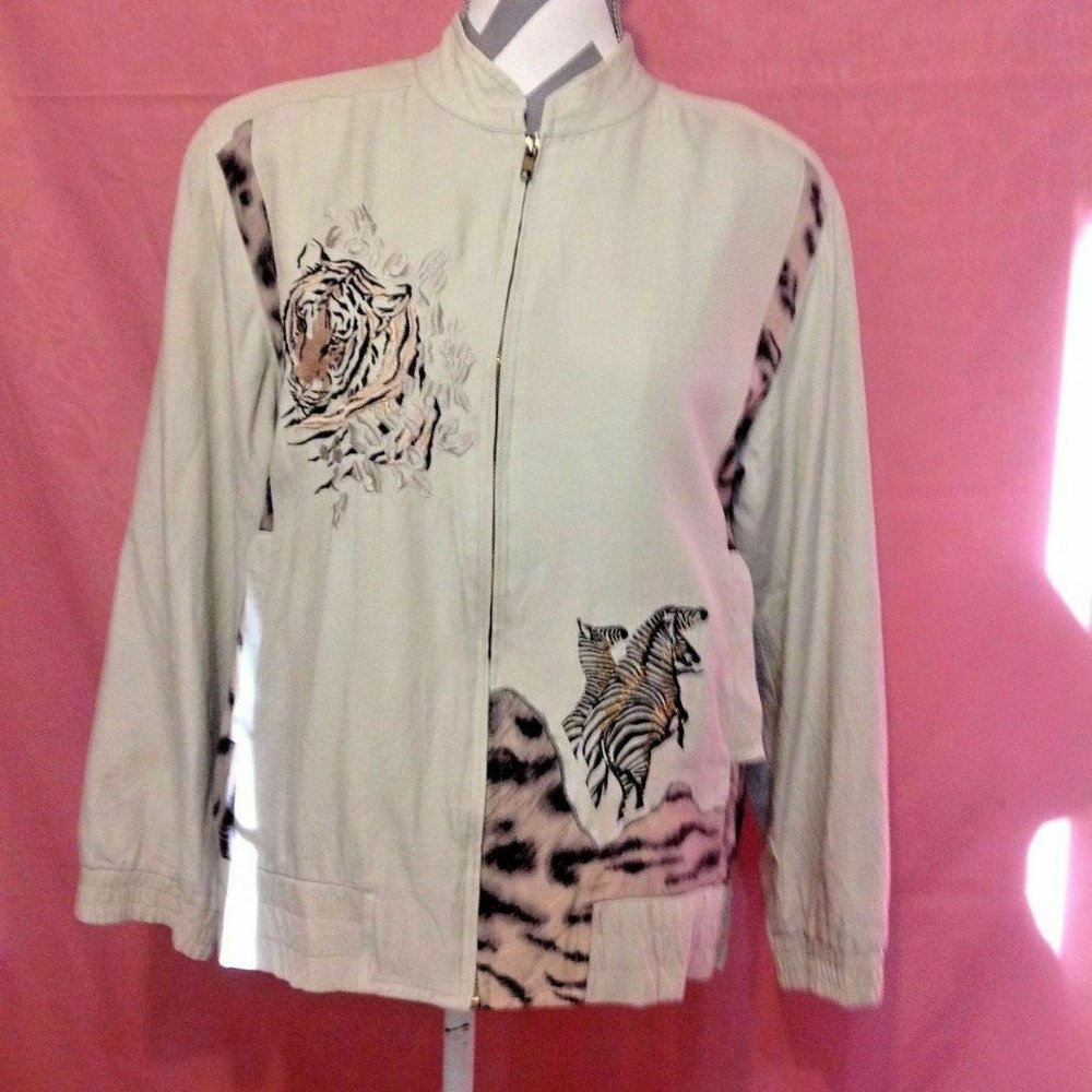 STEPHANIE~Animal Design Silk Blend Fully Lined Zip FrontJacket Embroidered ~Sz.S